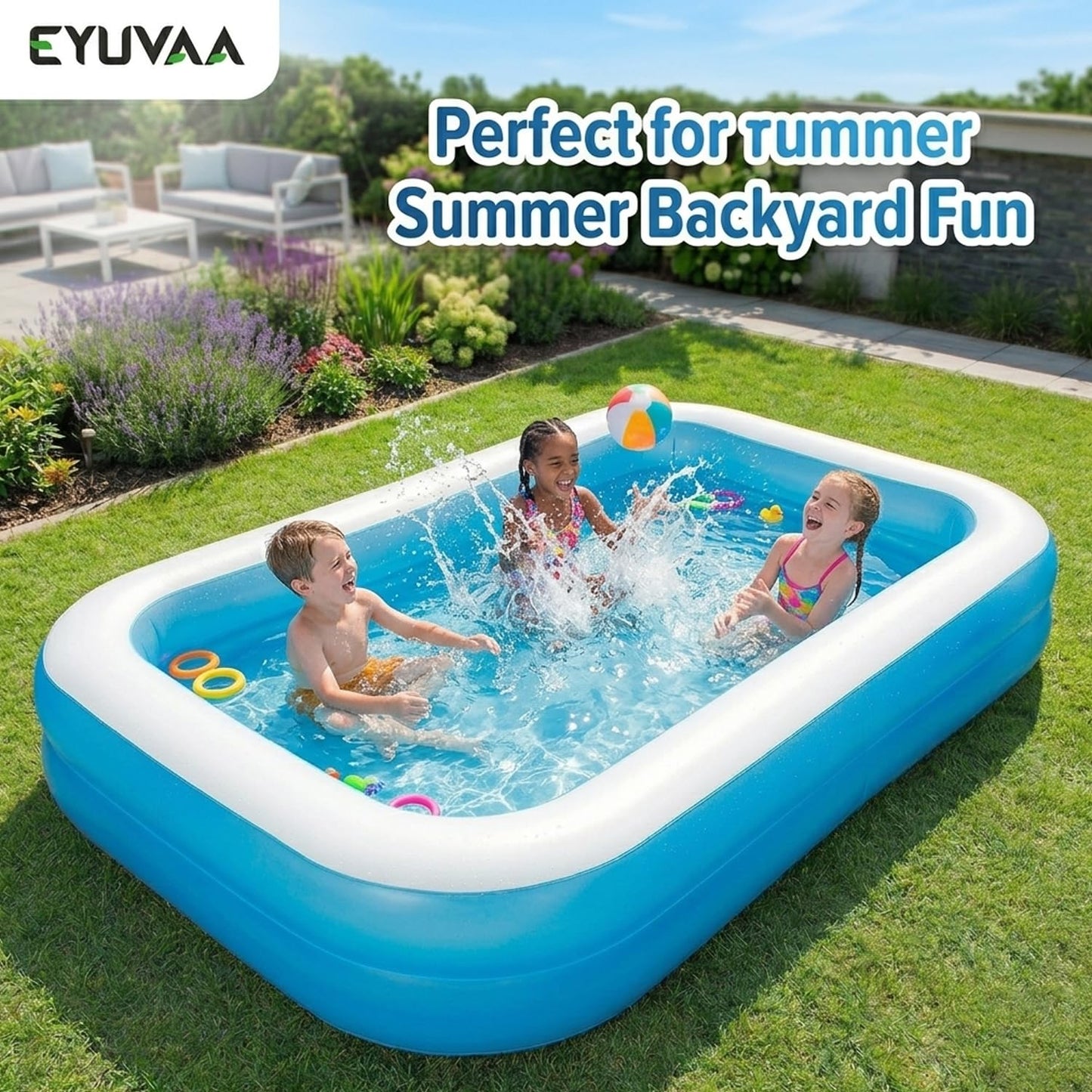 EYUVAA Rectangular Inflatable Pool for Kids & Toddlers 7 Feet Large Full-Sized Swimming Bathtub Backyard Water Play Summer Fun Durable Child-Safe PVC Quick Inflate & Portable Outdoor Pool