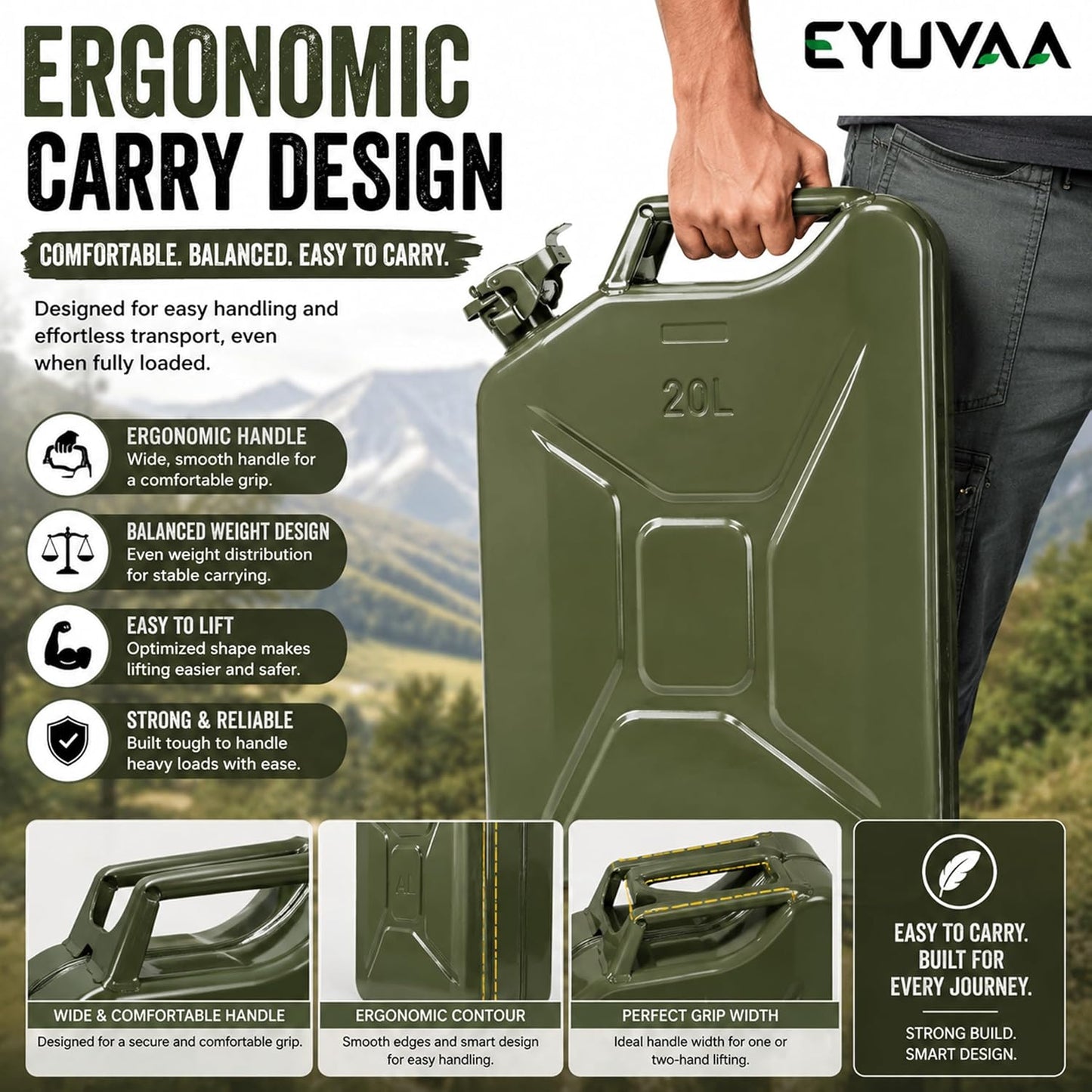 EYUVAA 20L Metal Jerry Can, Heavy Duty Metal Fuel Storage Container for Petrol, Diesel, Kerosene & Motor Oil, Leakproof Locking Cap, Military Style Rust Resistant Portable Fuel Can, Olive Green
