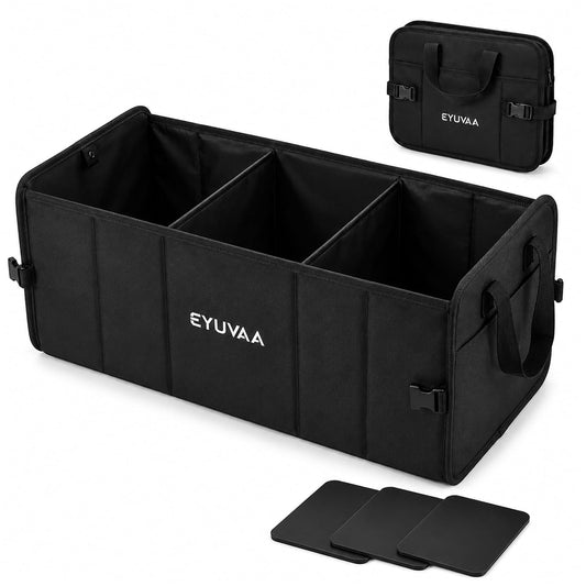 EYUVAA Foldable Car Diggi Organizer with 3 Compartments, Premium Oxford Fabric Car Trunk Storage Organizer with Carry Handles for SUV, Sedan, Hatchback & MPV, Black