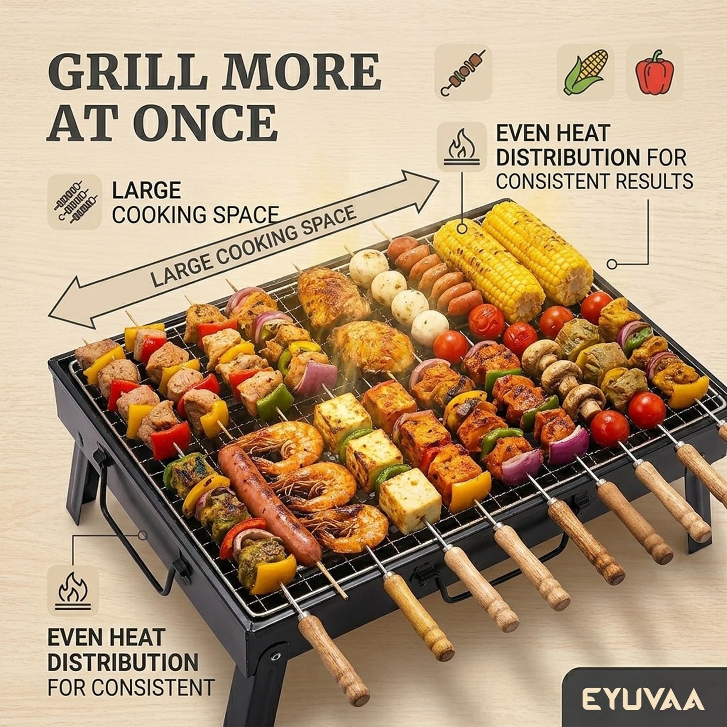 EYUVAA Portable Charcoal BBQ Grill Set with 8 Skewers, Spatula, Oil Brush & Air Blower| Foldable Heavy Duty Barbecue Grill for Camping, Picnic, Terrace, Garden & Outdoor Cooking