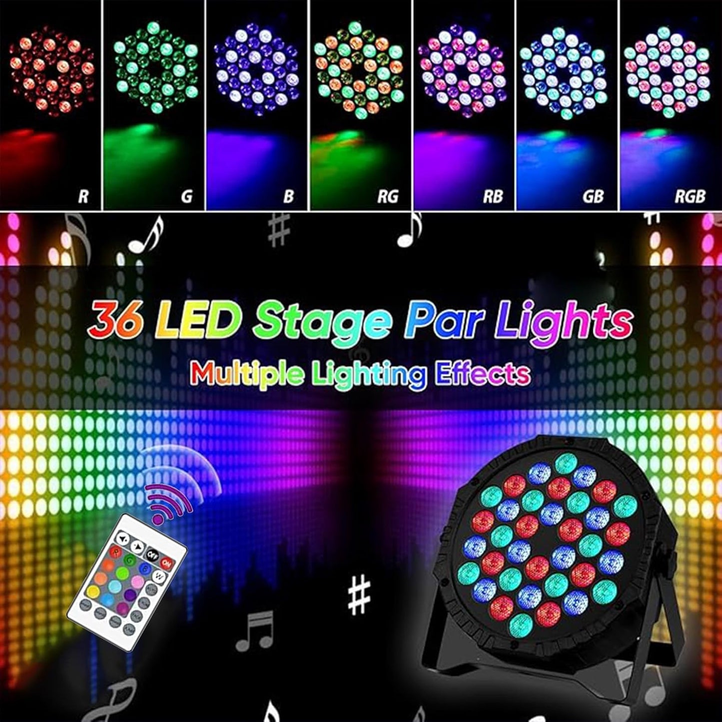 EYUVAA 36 LED Stage Lights RGB DJ LED Par Light with Remote & DMX Controlled Sound Activated Auto Play Uplights for Wedding, Live Shows, Holiday, Dance Party or Stage Lighting