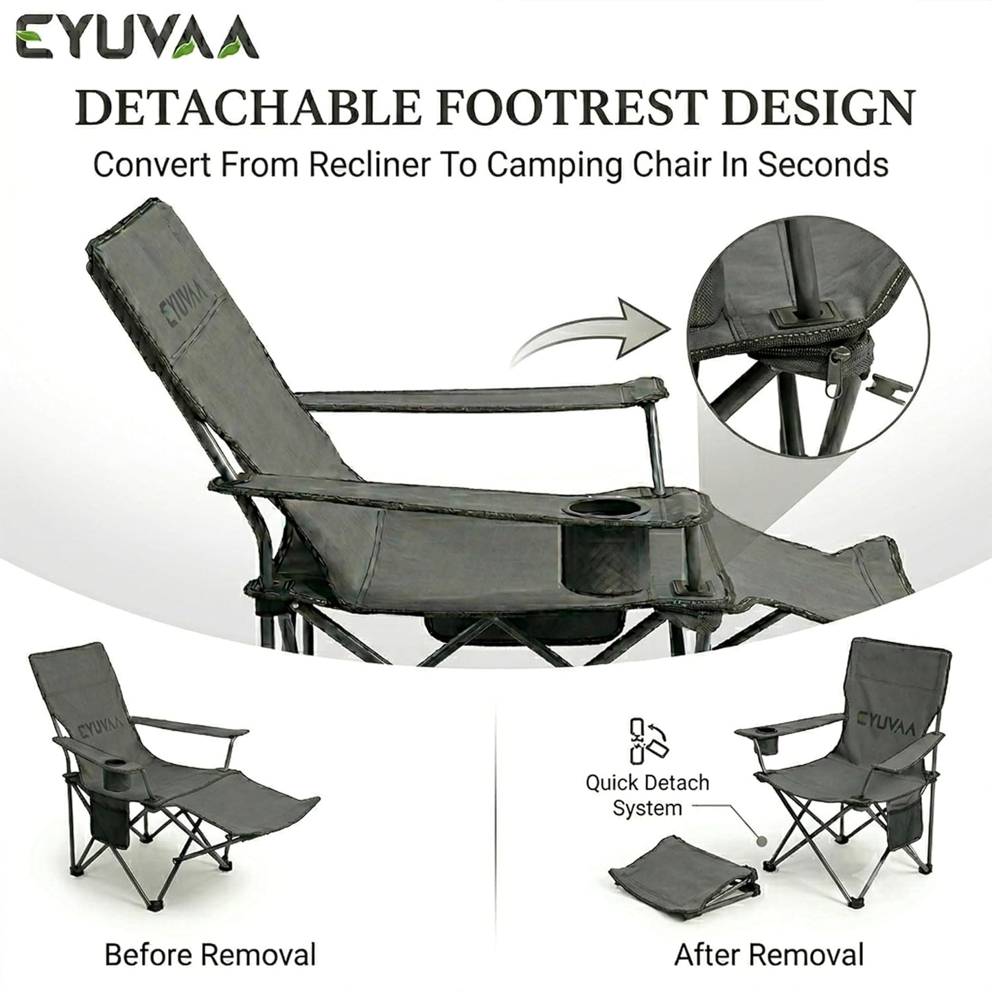 EYUVAA Folding Reclining Camping Chair with Footrest, Portable Outdoor Lounge Chair with Cup Holder & Side Pocket, Heavy Duty Steel Frame, Foldable Fishing Beach Garden Chair (Multicolour)