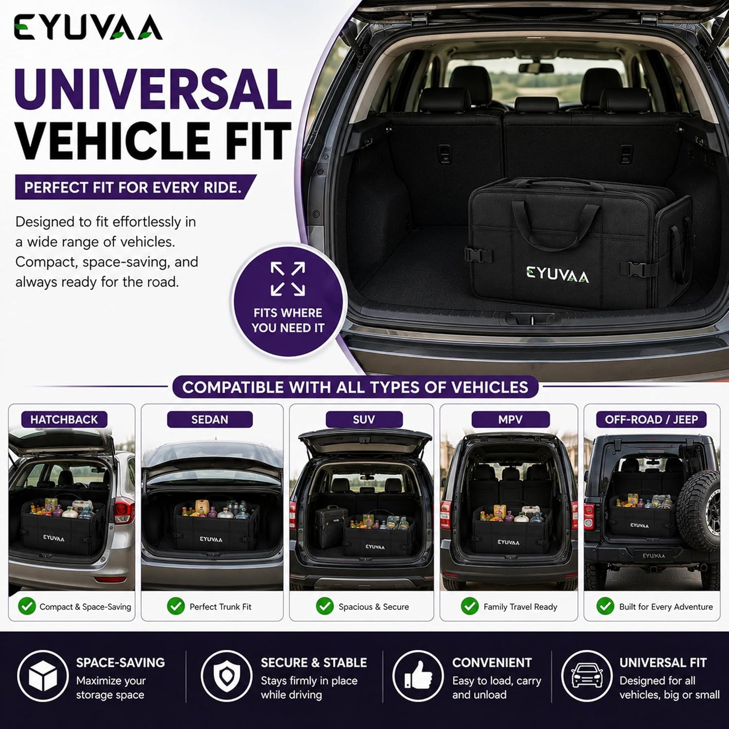 EYUVAA Foldable Car Diggi Organizer with 3 Compartments, Premium Oxford Fabric Car Trunk Storage Organizer with Carry Handles for SUV, Sedan, Hatchback & MPV, Black