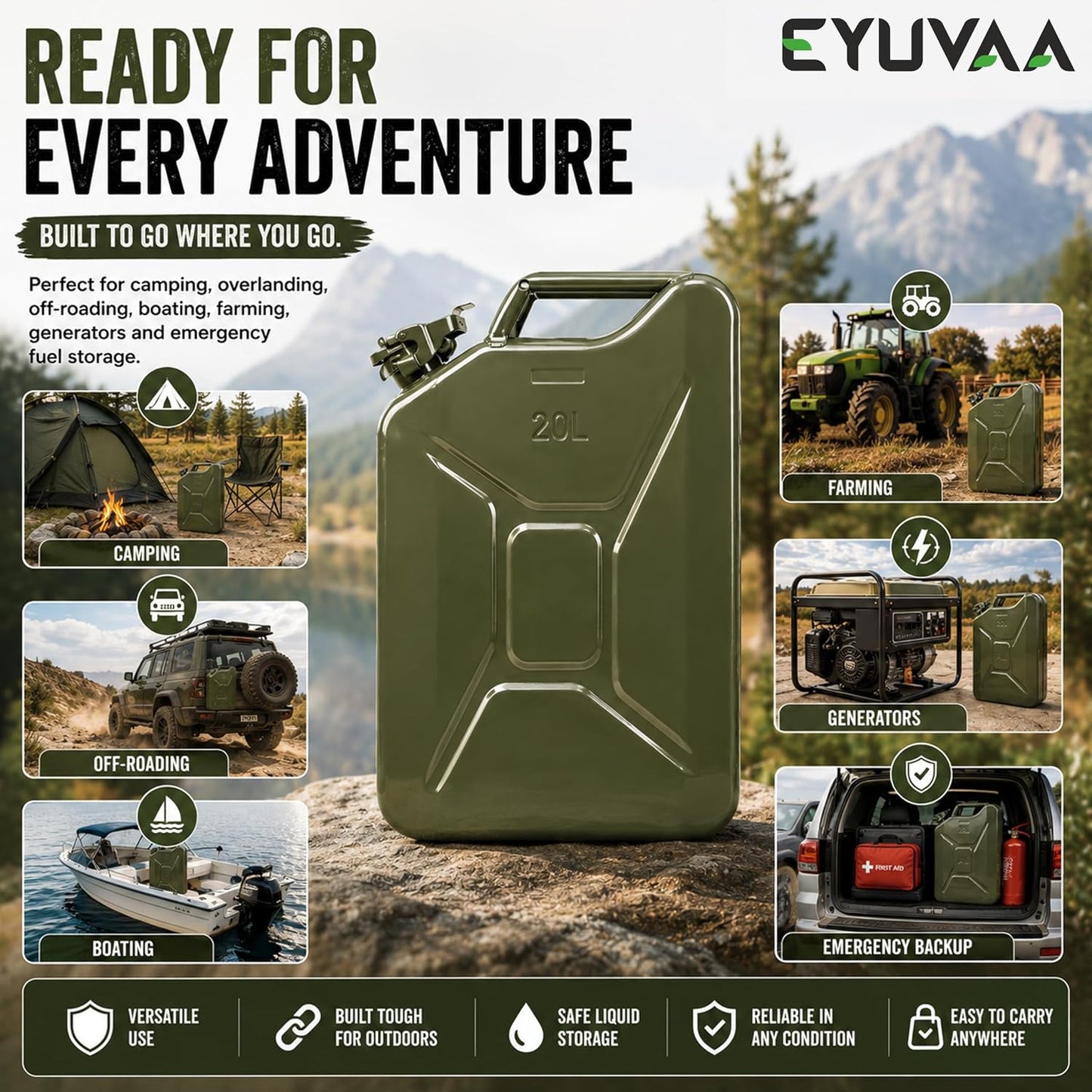 EYUVAA 20L Metal Jerry Can, Heavy Duty Metal Fuel Storage Container for Petrol, Diesel, Kerosene & Motor Oil, Leakproof Locking Cap, Military Style Rust Resistant Portable Fuel Can, Olive Green