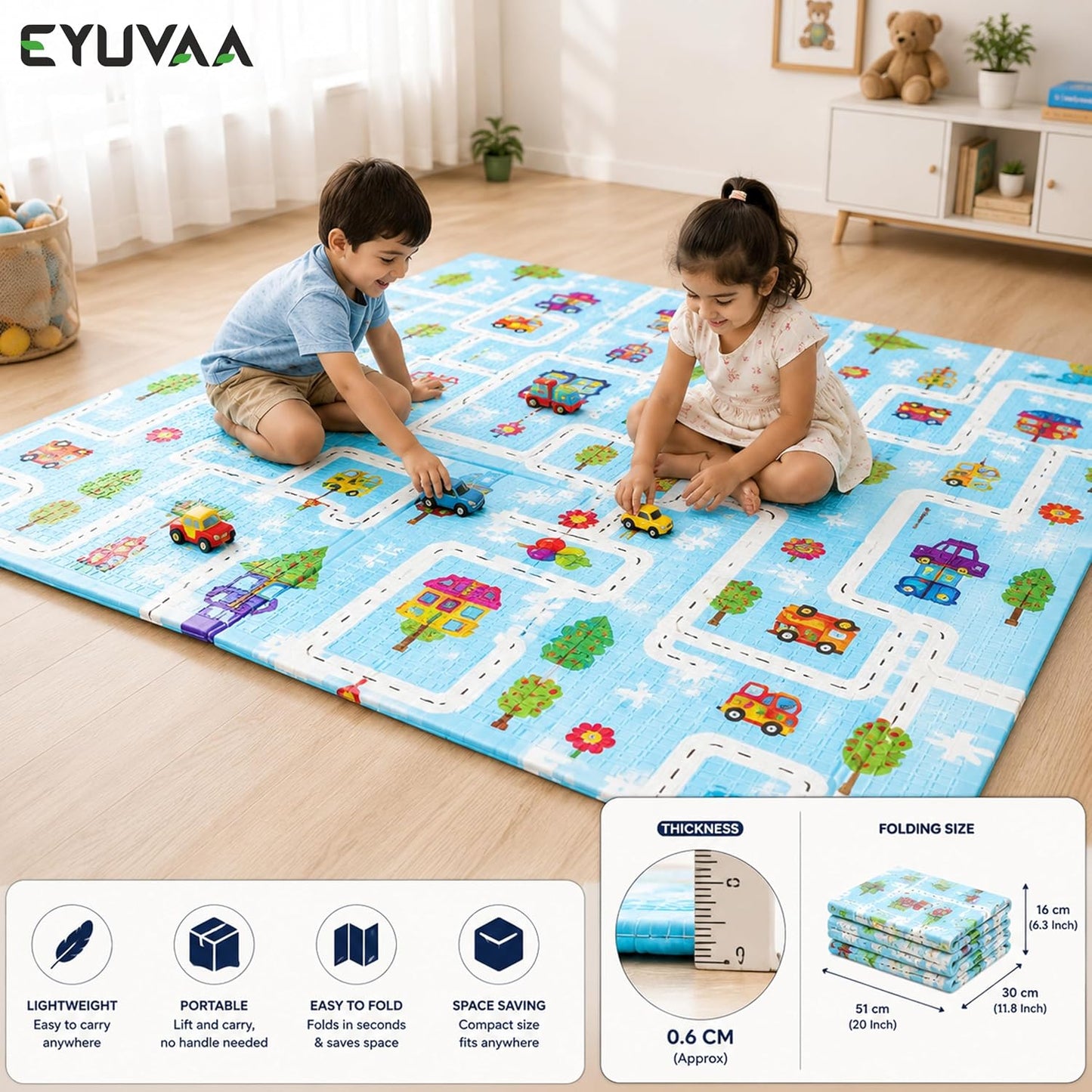 EYUVAA Baby Play Mat for Floor Extra Large, Foldable XPE Foam Crawling Mat, Waterproof Reversible Kids Play Mat, Tummy Time Mat for Babies, Anti-Skid Floor Mattress, 6 x 5 Feet