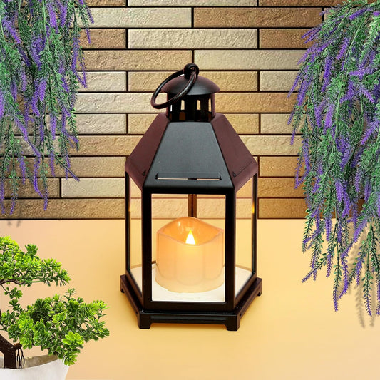 EYUVAA Vintage Lantern with Flickering Effect LED Pillar Candle Battery Operated Wall Hanging Lamp Decorative Lantern, Flameless Antique Glass Candle Holder for Home Decor, Diwali