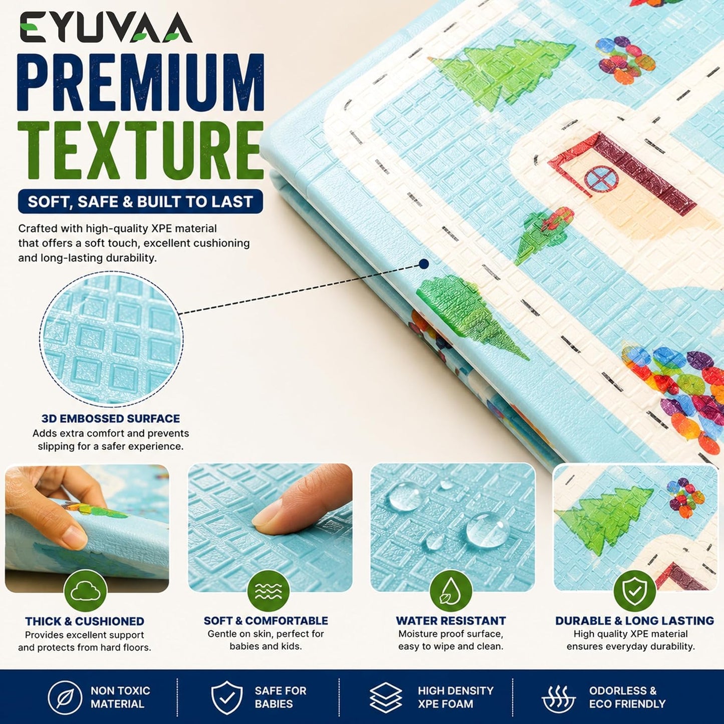 EYUVAA Baby Play Mat for Floor Extra Large, Foldable XPE Foam Crawling Mat, Waterproof Reversible Kids Play Mat, Tummy Time Mat for Babies, Anti-Skid Floor Mattress, 6 x 5 Feet