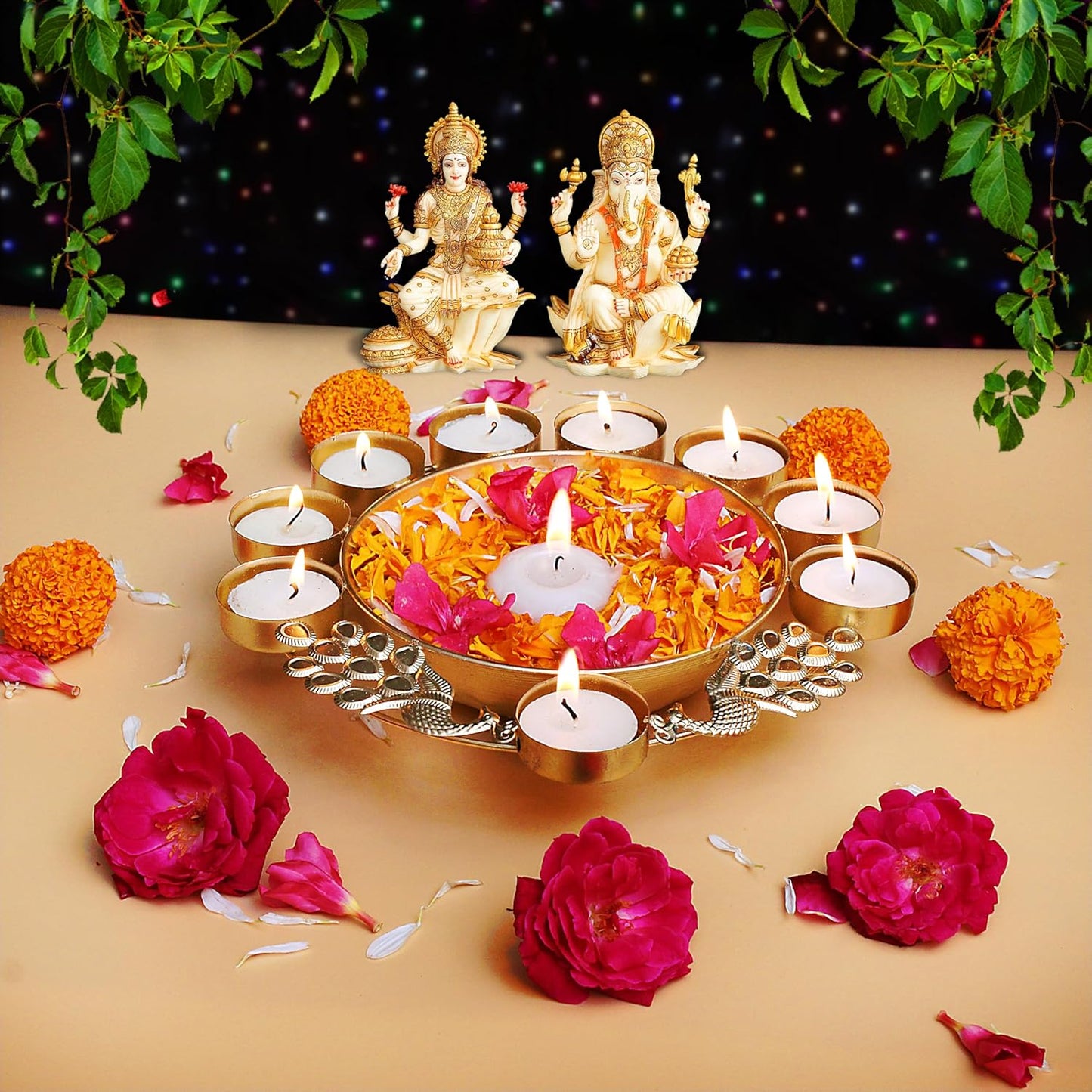 EYUVAA Peacock Urli With Tealight Holder| Diya Decorative Bowl for Floating Candles and Flowers, Home Décor, Weddings, Diwali Celebration