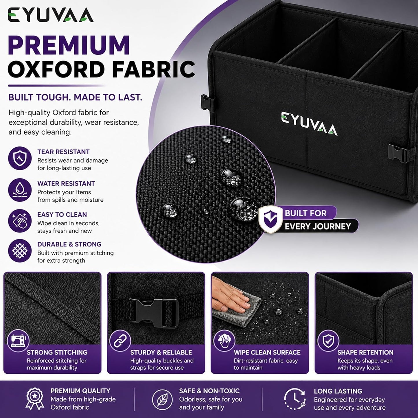 EYUVAA Foldable Car Diggi Organizer with 3 Compartments, Premium Oxford Fabric Car Trunk Storage Organizer with Carry Handles for SUV, Sedan, Hatchback & MPV, Black