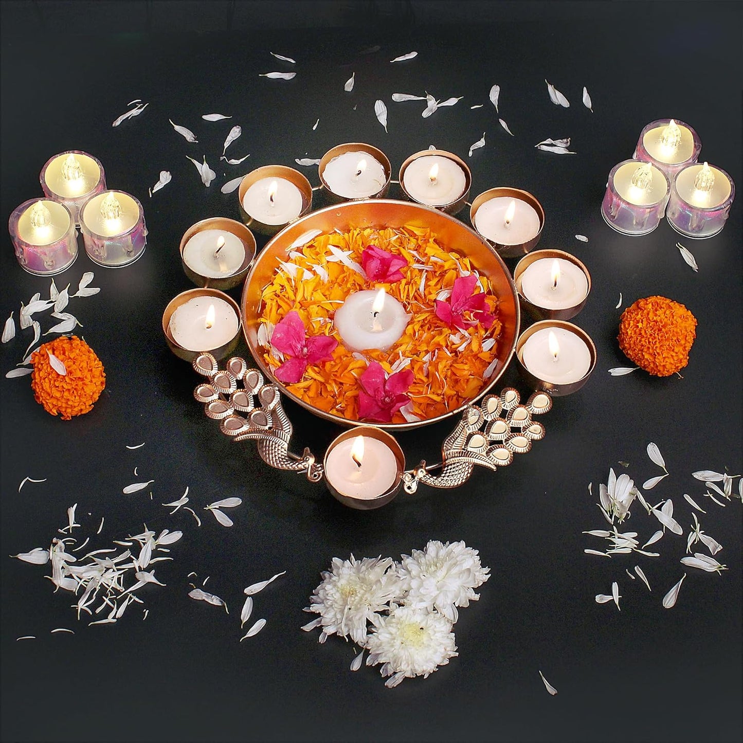 EYUVAA Peacock Urli With Tealight Holder| Diya Decorative Bowl for Floating Candles and Flowers, Home Décor, Weddings, Diwali Celebration