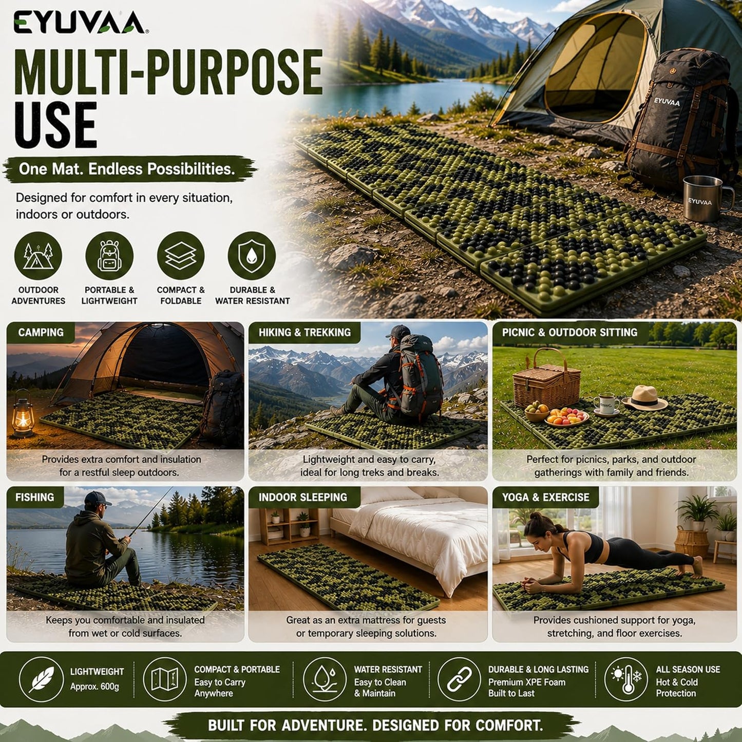 EYUVAA Camping Sleeping Mat, Foldable Waterproof Camping Mattress, Lightweight Sleeping Pad for Hiking, Trekking, Backpacking, Tent Camping, Mountaineering, Fishing & Outdoor Travel