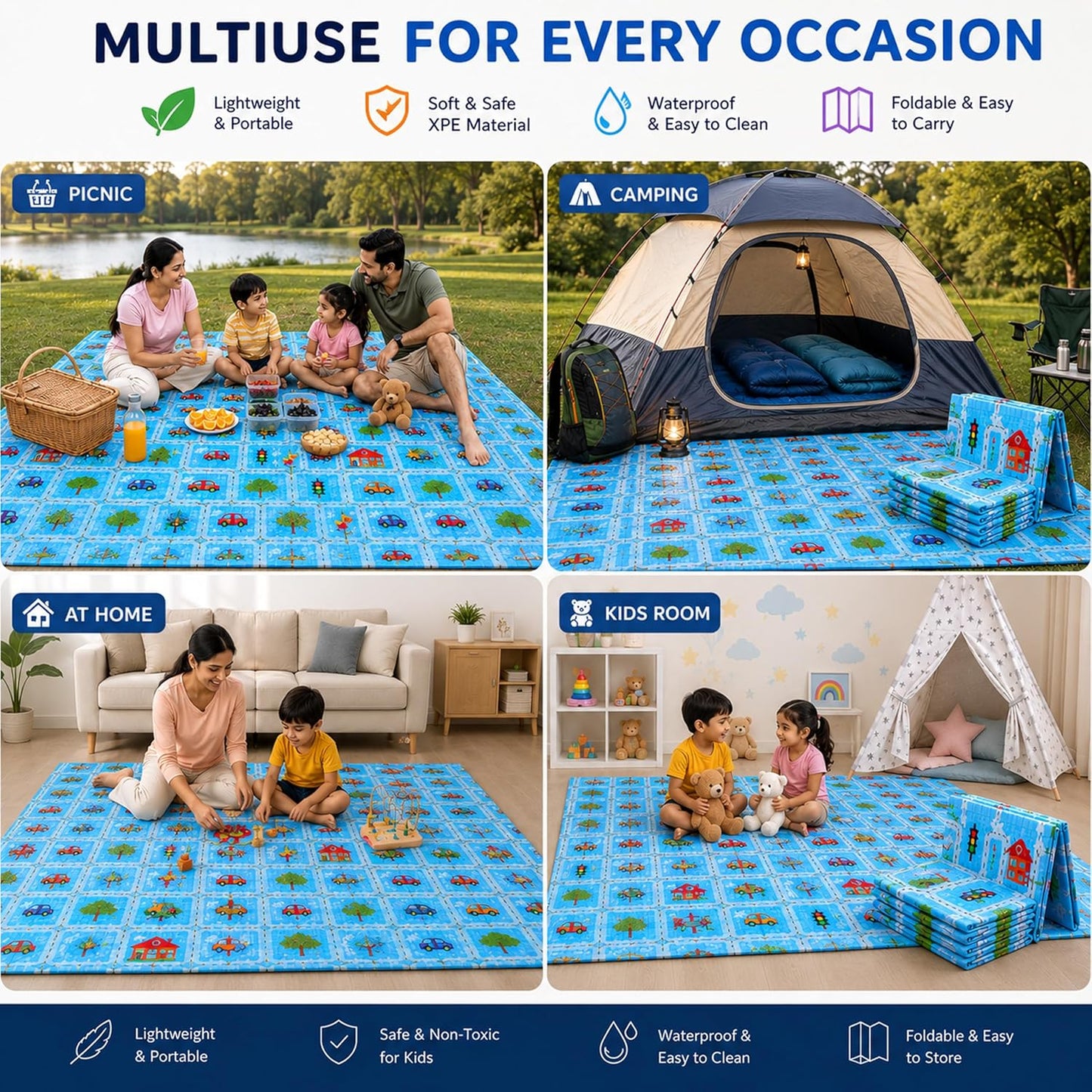 EYUVAA Baby Play Mat for Floor Extra Large, Foldable XPE Foam Crawling Mat, Waterproof Reversible Kids Play Mat, Tummy Time Mat for Babies, Anti-Skid Floor Mattress, 6 x 5 Feet