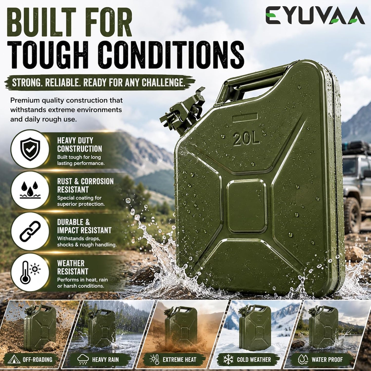 EYUVAA 20L Metal Jerry Can, Heavy Duty Metal Fuel Storage Container for Petrol, Diesel, Kerosene & Motor Oil, Leakproof Locking Cap, Military Style Rust Resistant Portable Fuel Can, Olive Green