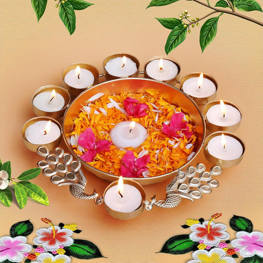 EYUVAA Peacock Urli With Tealight Holder| Diya Decorative Bowl for Floating Candles and Flowers, Home Décor, Weddings, Diwali Celebration