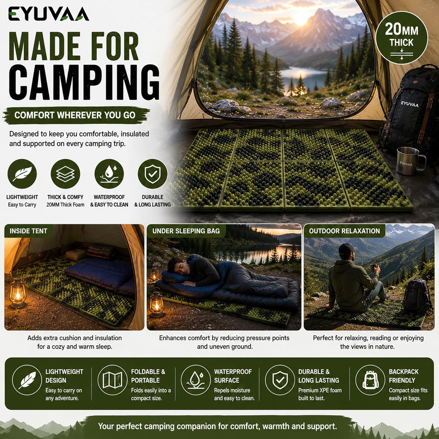 EYUVAA Camping Sleeping Mat, Foldable Waterproof Camping Mattress, Lightweight Sleeping Pad for Hiking, Trekking, Backpacking, Tent Camping, Mountaineering, Fishing & Outdoor Travel
