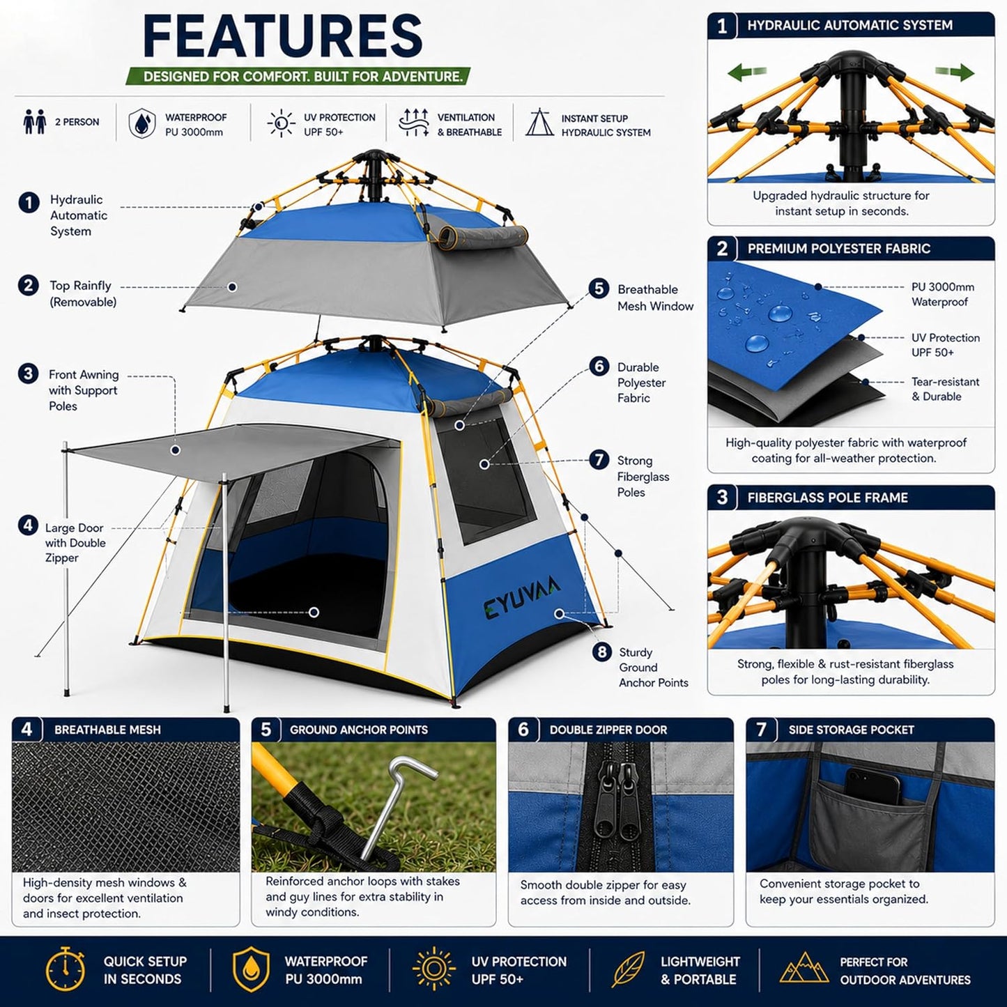EYUVAA LABEL Automatic Camping Tent, Waterproof Outdoor Tent with UV Protection, Lightweight Portable Tent for Hiking, Trekking, Backpacking, Camping, Beach & Outdoor Adventure