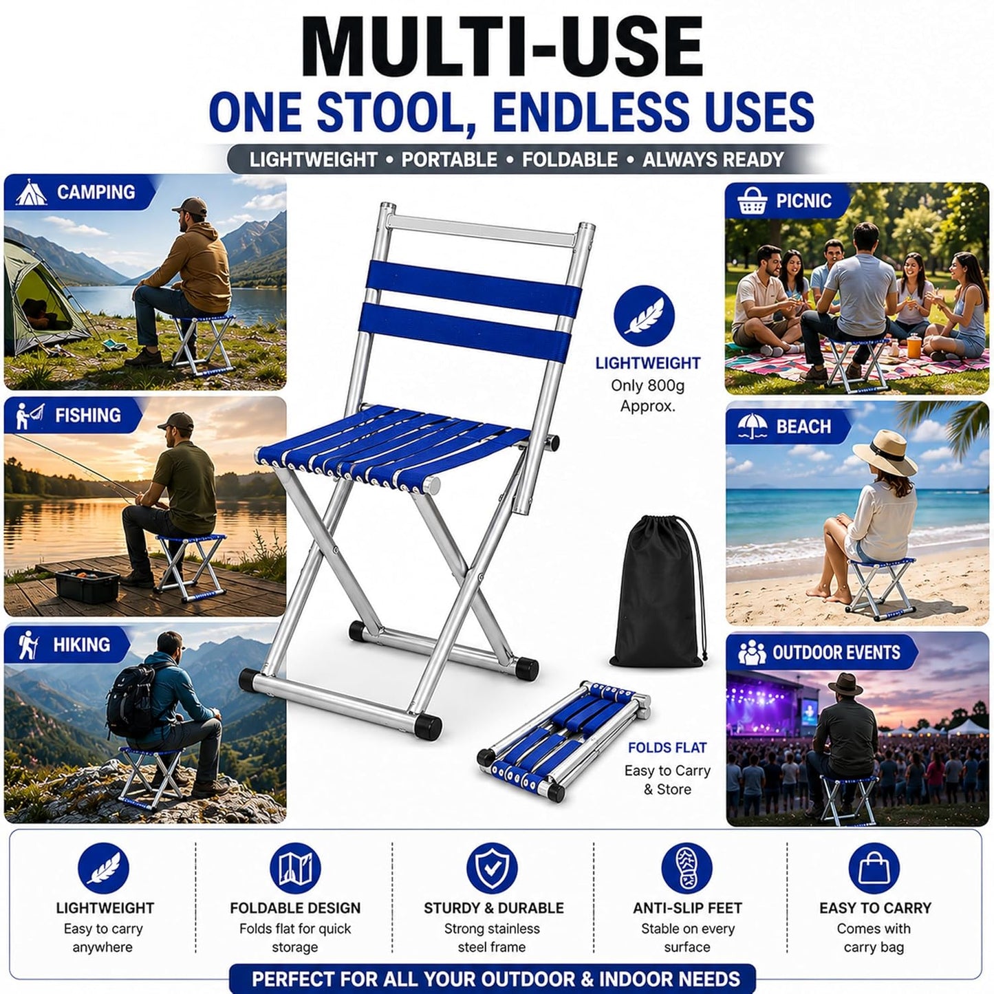 EYUVAA 2-in-1 Foldable Camping Chair & Stool, Stainless Steel Portable Lightweight Folding Chair,Heavy Duty Outdoor Chair for Camping, Hiking, Fishing, Picnic, Beach, Garden & Travel