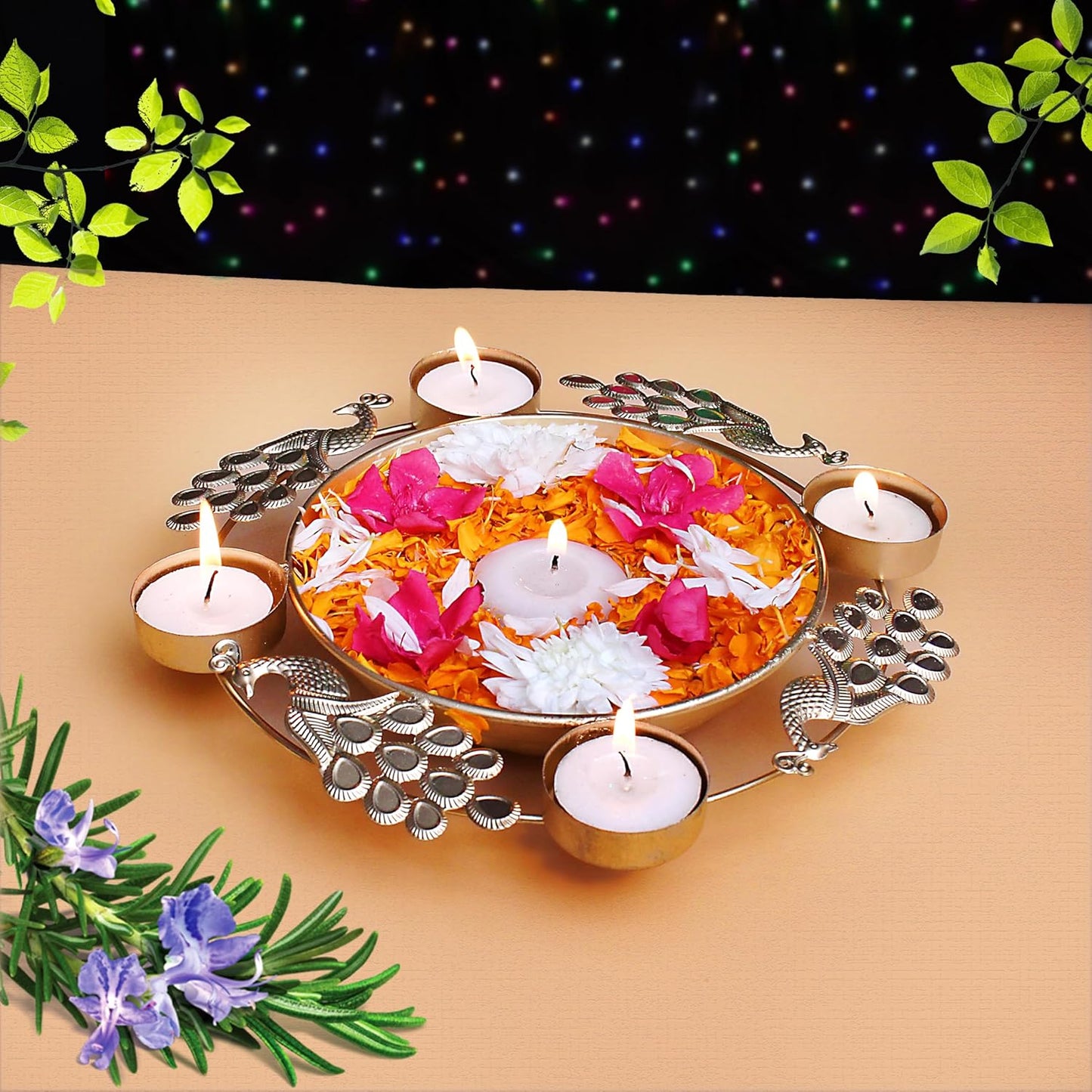 EYUVAA Peacock Urli With Tealight Holder| Diya Decorative Bowl for Floating Candles and Flowers, Home Décor, Weddings, Diwali Celebration