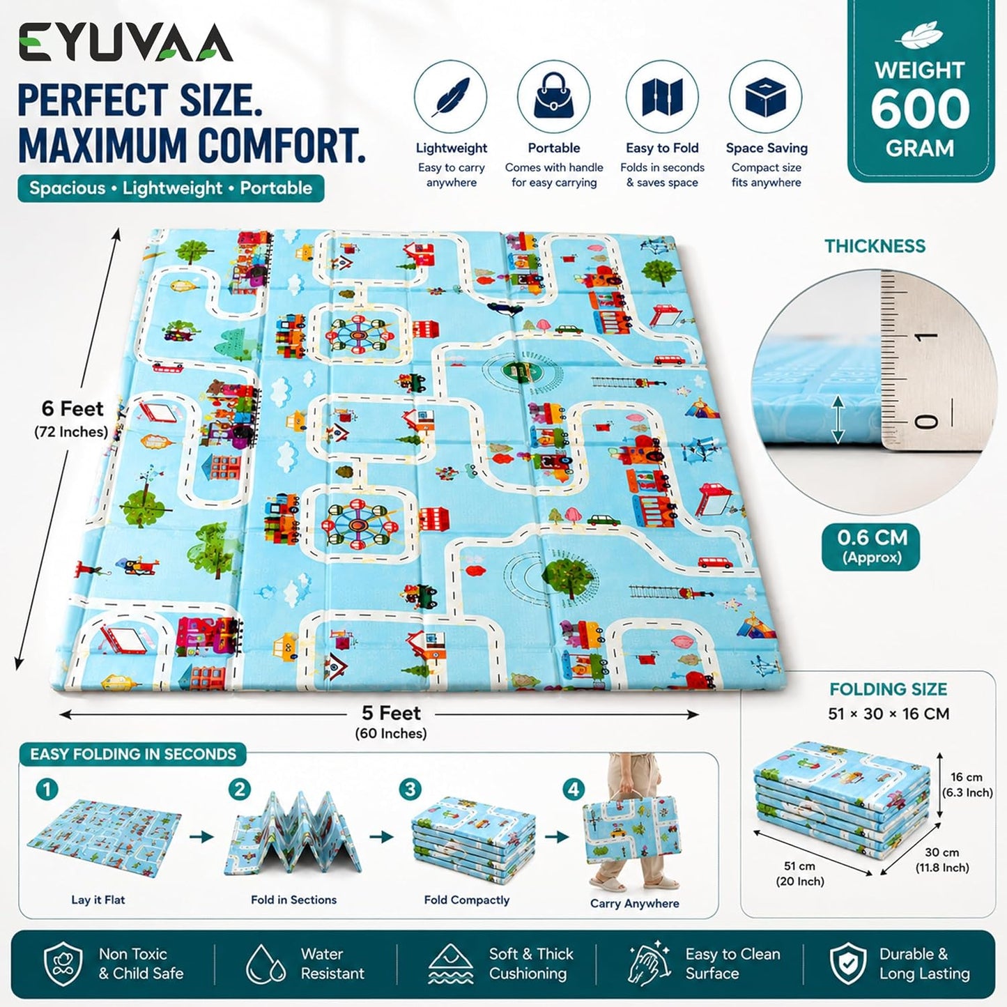 EYUVAA Baby Play Mat for Floor Extra Large, Foldable XPE Foam Crawling Mat, Waterproof Reversible Kids Play Mat, Tummy Time Mat for Babies, Anti-Skid Floor Mattress, 6 x 5 Feet