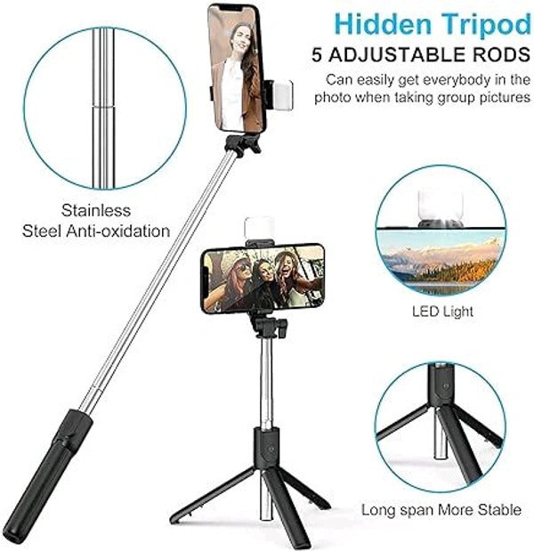 EYUVAA 3-in-1 Selfie Stick Tripod with LED Light 40 inch Extendable Mobile Stand with Bluetooth Remote 360° Rotation & 140° Tilt Portable Phone Tripod for Selfies, Vlogging & Video Recoding