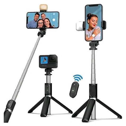 EYUVAA 3-in-1 Selfie Stick Tripod with LED Light 40 inch Extendable Mobile Stand with Bluetooth Remote 360° Rotation & 140° Tilt Portable Phone Tripod for Selfies, Vlogging & Video Recoding