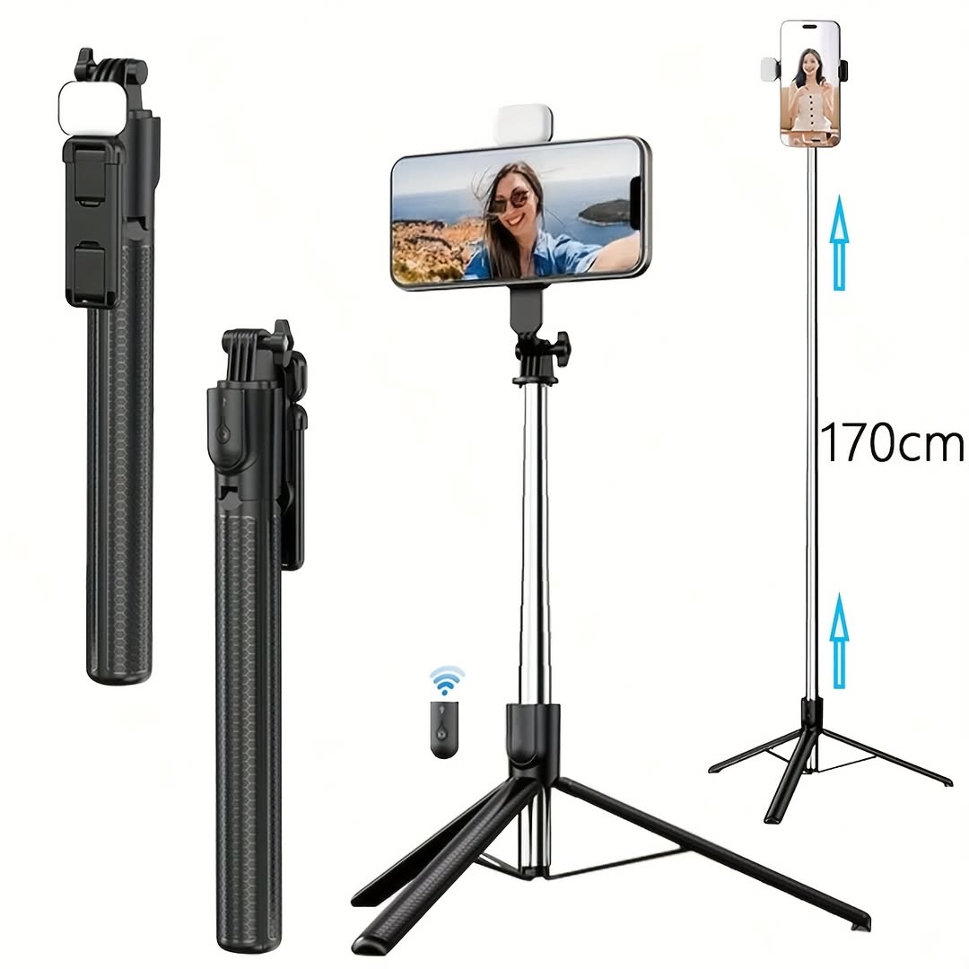 EYUVAA 1.7 Meter Selfie Stick with Tripod, Bluetooth Remote & Rechargeable LED Fill Light | 360° Rotating Phone Holder, Adjustable Height Stand for Mobile Photography & Video Recording