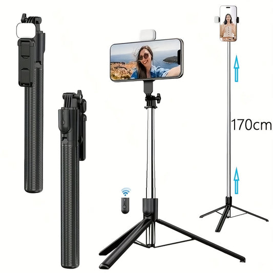 EYUVAA 1.7 Meter Selfie Stick with Tripod, Bluetooth Remote & Rechargeable LED Fill Light | 360° Rotating Phone Holder, Adjustable Height Stand for Mobile Photography & Video Recording