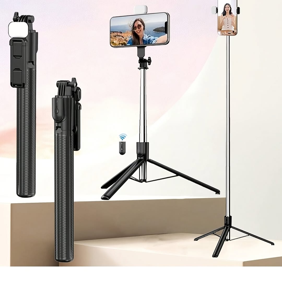 EYUVAA 1.7 Meter Selfie Stick with Tripod, Bluetooth Remote & Rechargeable LED Fill Light | 360° Rotating Phone Holder, Adjustable Height Stand for Mobile Photography & Video Recording