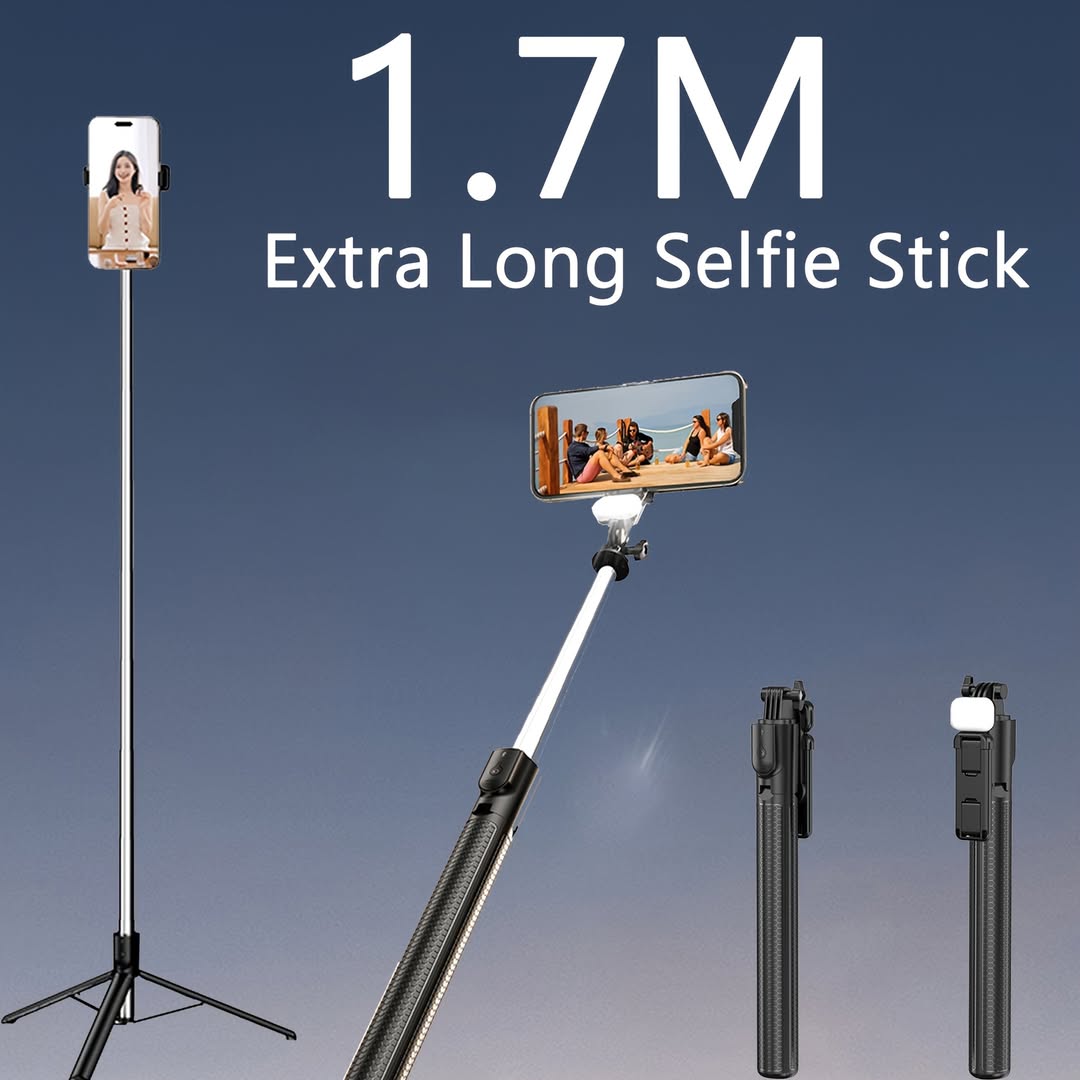 EYUVAA 1.7 Meter Selfie Stick with Tripod, Bluetooth Remote & Rechargeable LED Fill Light | 360° Rotating Phone Holder, Adjustable Height Stand for Mobile Photography & Video Recording