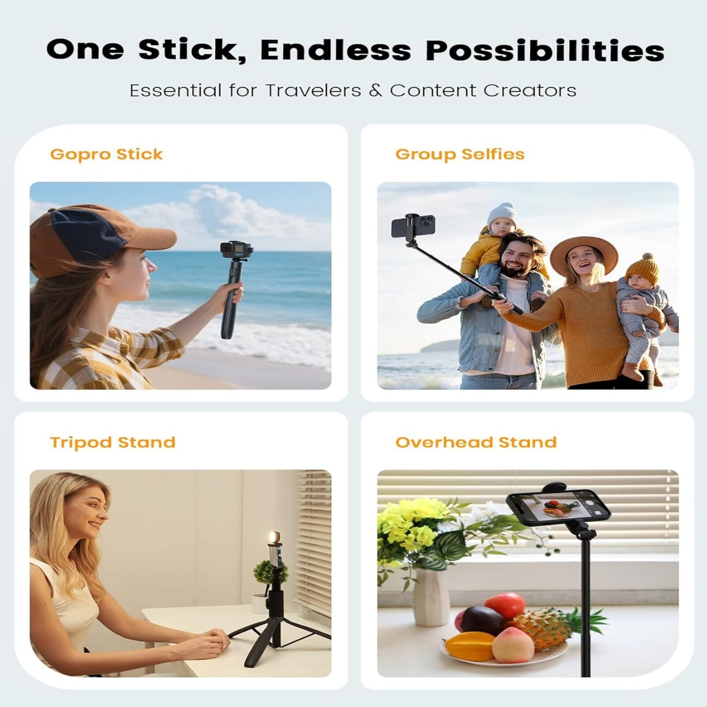 EYUVAA  Selfie Stick Tripod with Remote, 360° Degree Rotation with LED Light, Compact & Extendable Upto 180 cm/5.9 Feet, Tripod Stand for Travel, Vlogging, Compatible with All Smartphones
