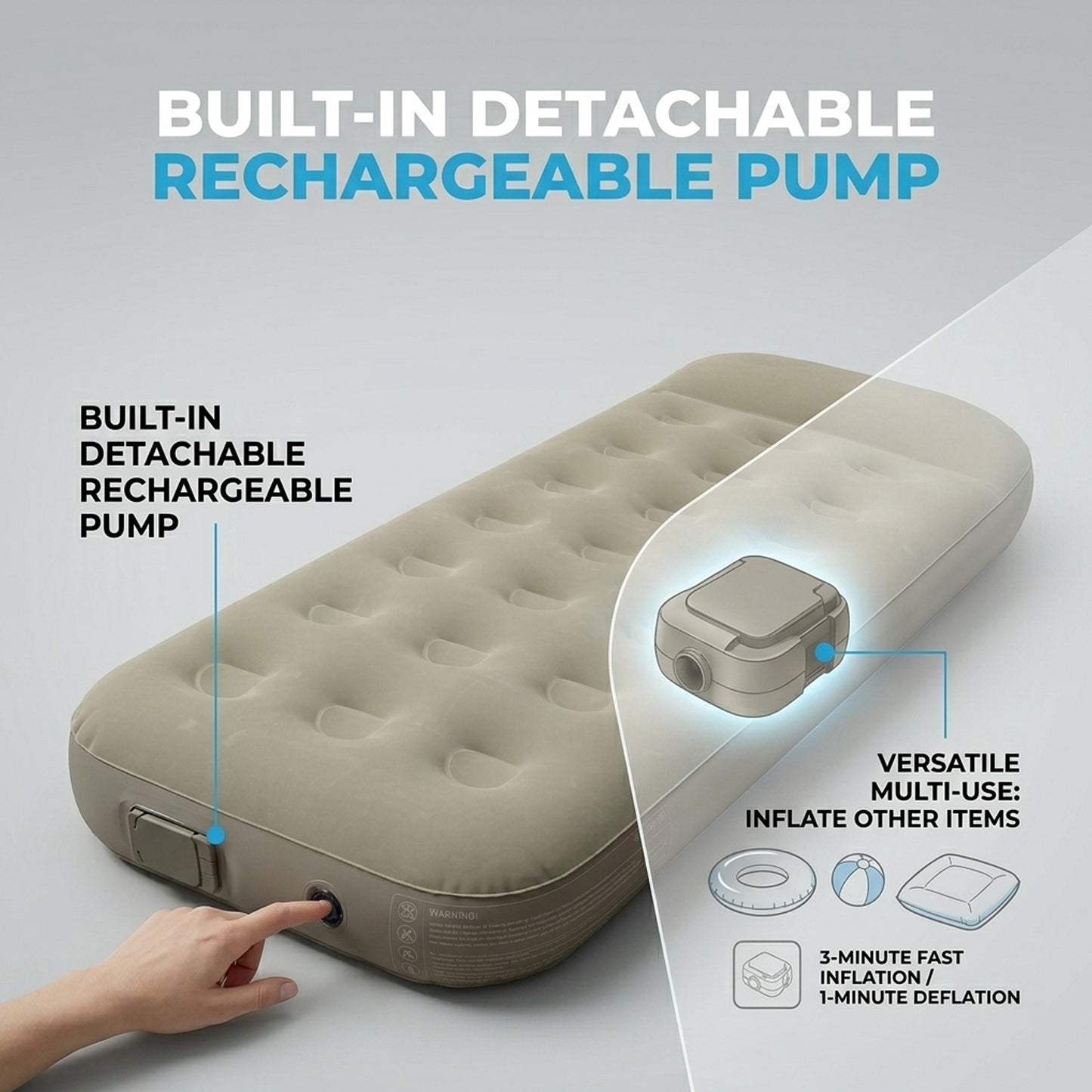 EYUVAA  Inflatable Air Mattress Single Air Bed Portable Camping Travel Mattress with Rechargeable Electric Pump, Waterproof Comfortable Sleeping Surface, Carry Bag Nozzles Repair Kit