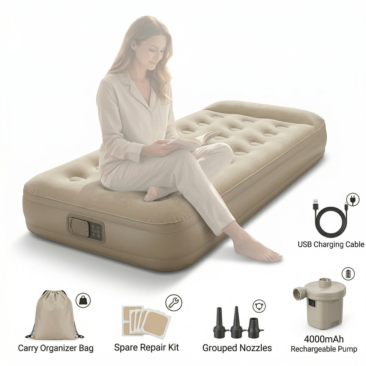 EYUVAA  Inflatable Air Mattress Single Air Bed Portable Camping Travel Mattress with Rechargeable Electric Pump, Waterproof Comfortable Sleeping Surface, Carry Bag Nozzles Repair Kit