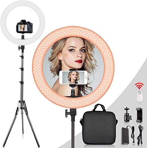 Eyuvaa 18" Ring Light with 80" Light Stand, Bluetooth Remote Dimmable LED Ring Light with 360° Rotatable Phone Holder, Carrying Bag for Video Shooting, Make Up