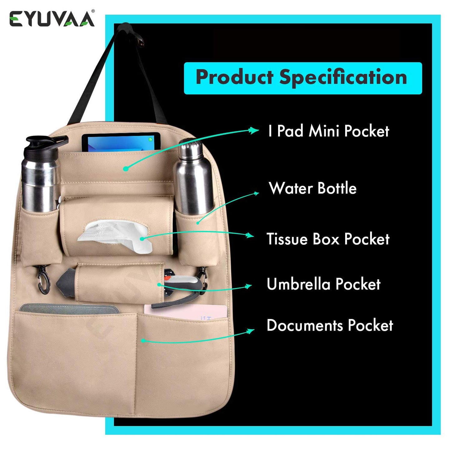 PU Leather Multifunctional Car Back Seat Storage Organizer with Tissue Box, Tablet, Bottle, Umbrella Holder Pockets (Beige)