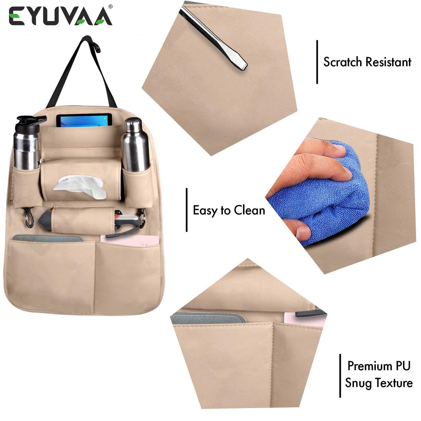 PU Leather Multifunctional Car Back Seat Storage Organizer with Tissue Box, Tablet, Bottle, Umbrella Holder Pockets (Beige)