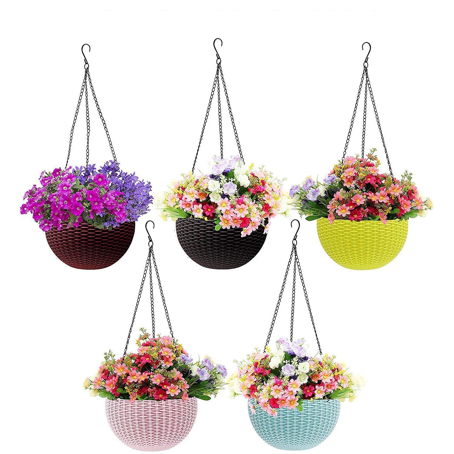 EYUVAA Plastic Flower Pot With Hanging Chain, Multicolour Pot Diameter -7.1 Inch, Pot Height -4.8 Inch, Pot Thickness -3 mm, Chain Length -13 inch approx., SET OF 5