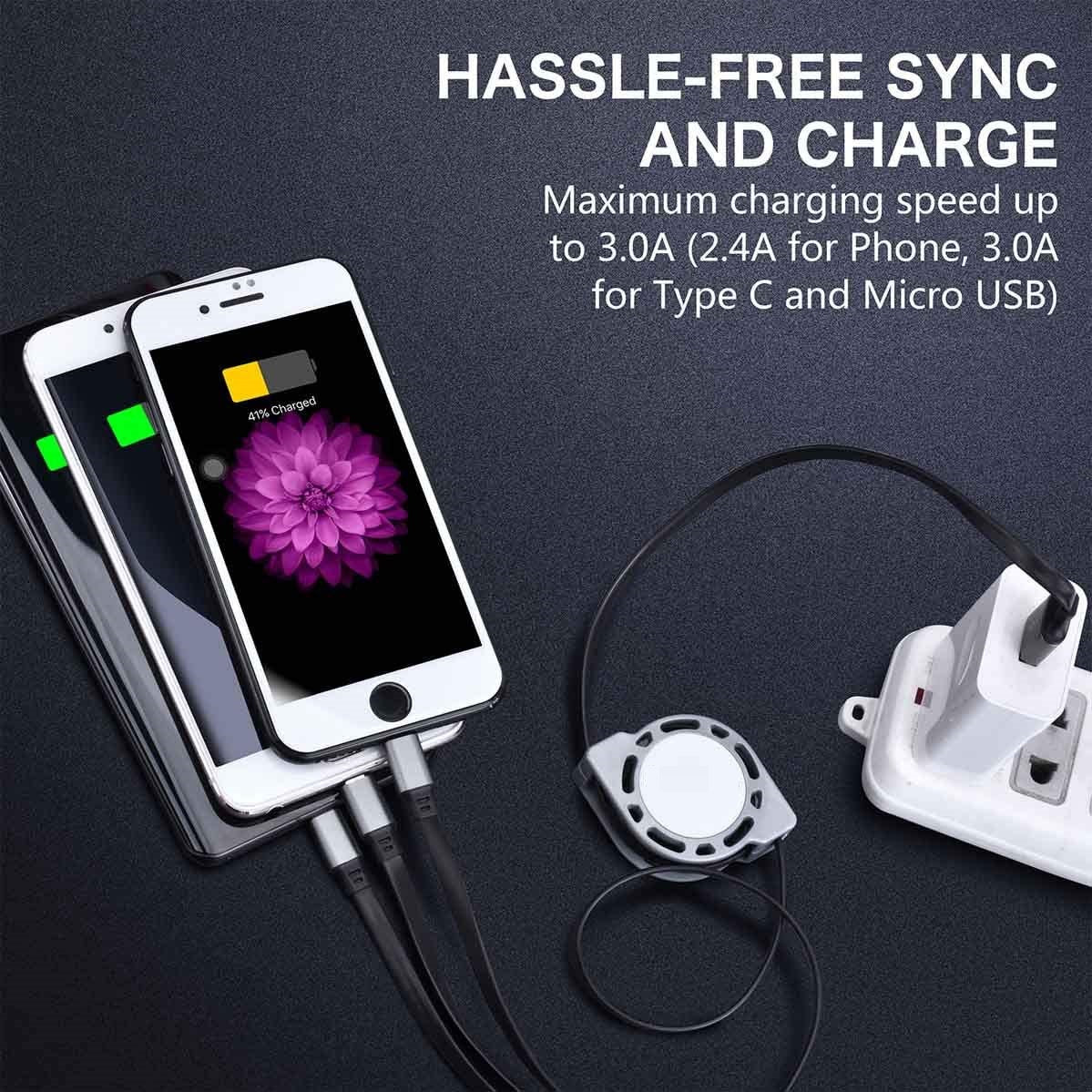 3 in 1 Retractable 3.0A Fast Charging Cable with iPhone, Type C & Micro USB Port