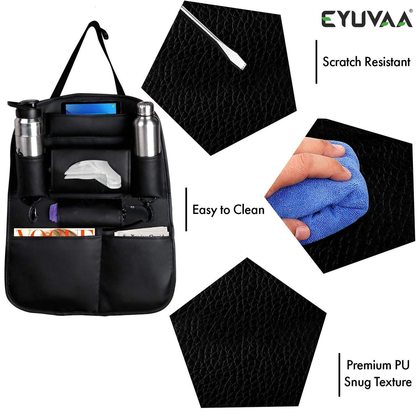 PU Leather Multifunctional Car Back Seat Storage Organizer with Tissue Box, Tablet, Bottle, Umbrella Holder Pockets (Black)