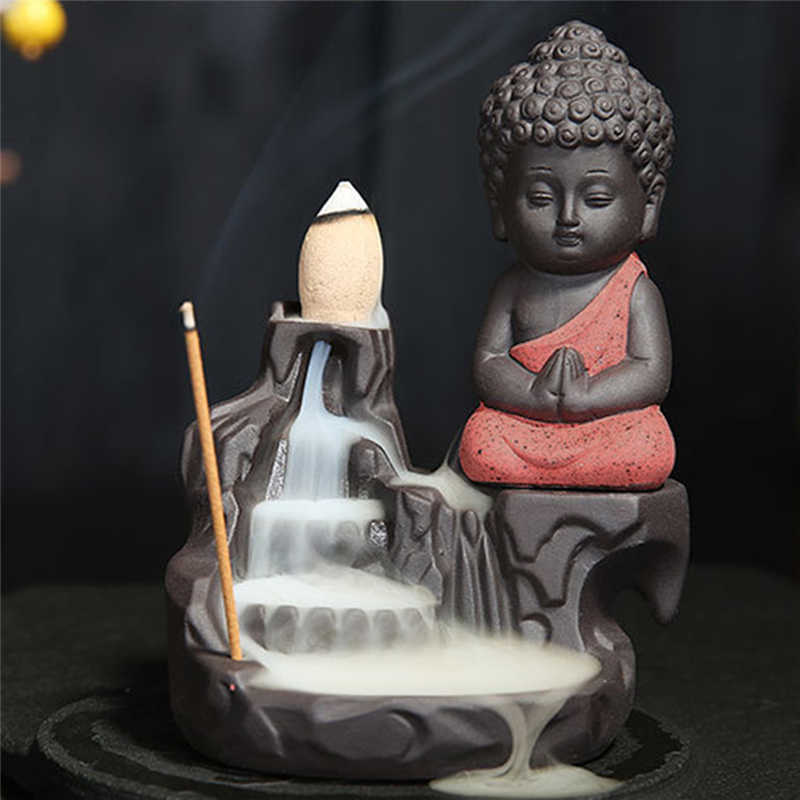 EYUVAA Meditating Monk Buddha Smoke Backflow Cone Incense Holder Decorative Showpiece with 5 Free Smoke Backflow Scented Cone Incenses ( Pink)