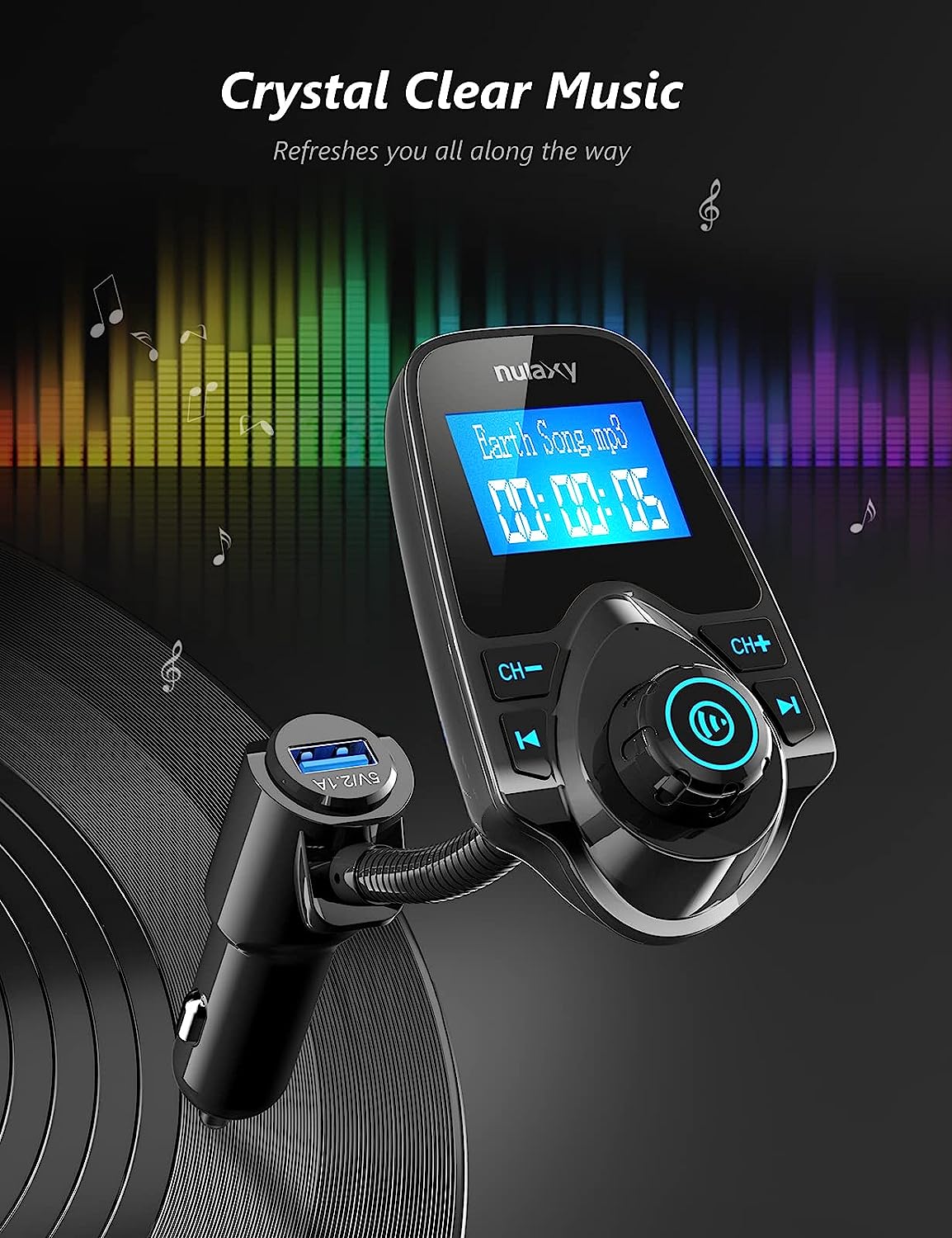 EYUVAA Car FM Transmitter Bluetooth Audio Adapter Wireless Receiver & Car Charger for Mp3 Music Player, Hand Free Call and Phone Charging (Black)
