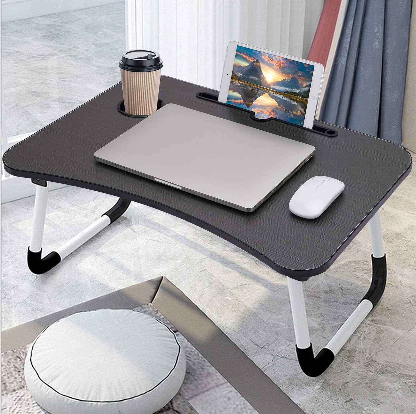 Wooden Multipurpose Laptop Table, Portable Study Bed Table, Breakfast Serving Bed Tray with Cup Holder & Mobile Tablet Holder (Black)