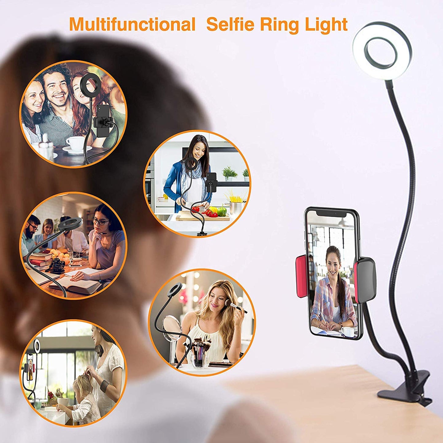 Table Selfie Ring Light with Shutter Remote & Flexible 360° Rotating Cell Phone Holder Stand for Live Stream,Makeup