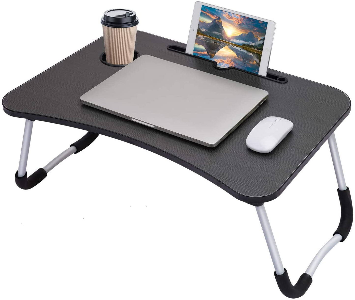 Wooden Multipurpose Laptop Table, Portable Study Bed Table, Breakfast Serving Bed Tray with Cup Holder & Mobile Tablet Holder (Black)