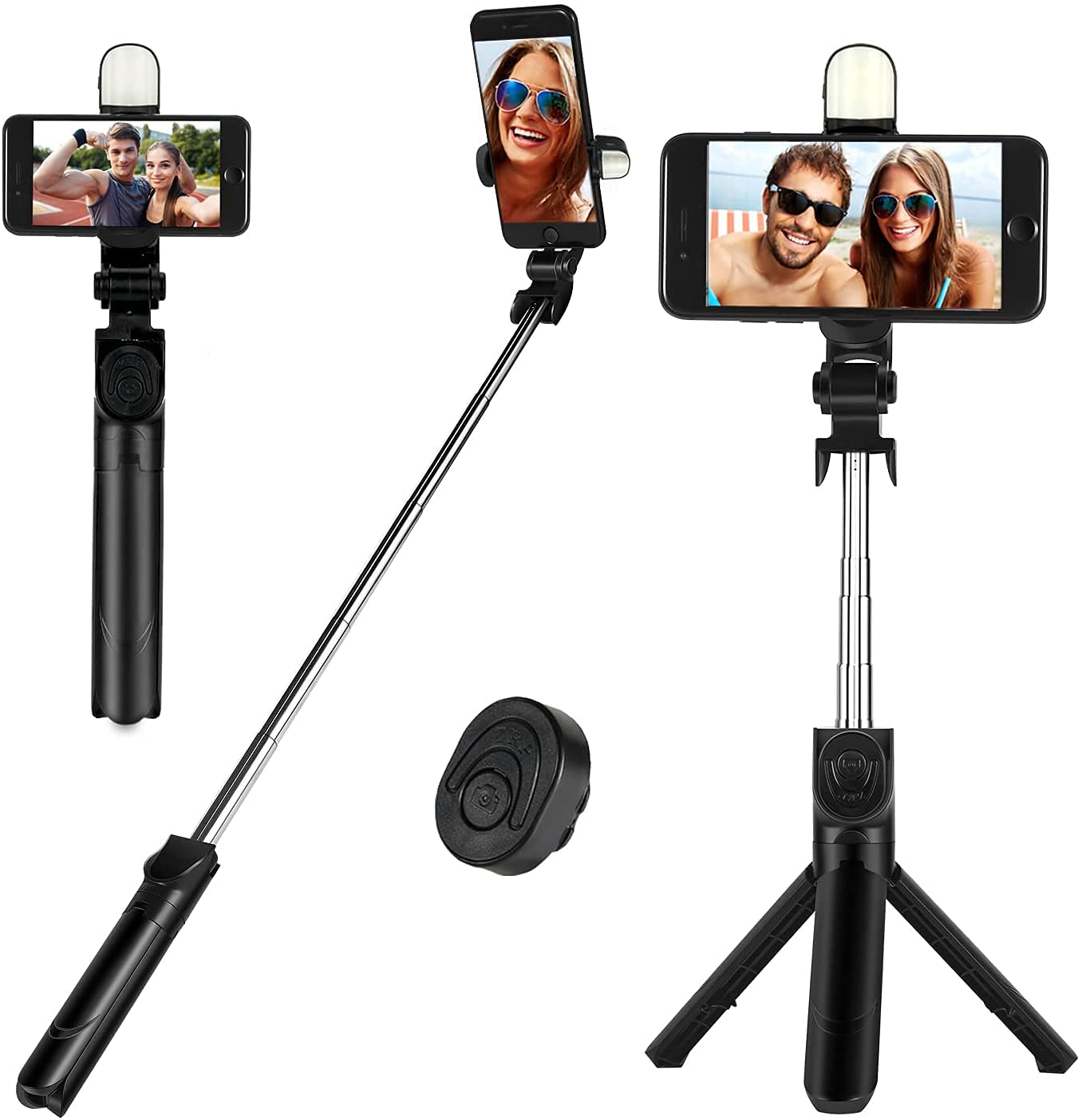 Tripod Mobile Stand & Selfie Stick with LED Light & Bluetooth Remote 4 in 1 (Black)