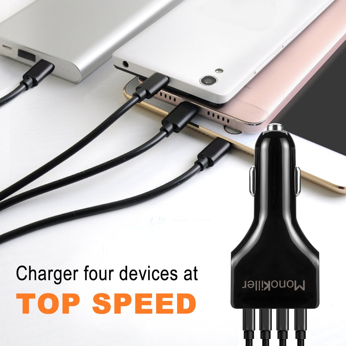 EYUVAA 4 Ports Car Charger 36W Quick Charge 3.0 USB Fast Adapter QC 3.0 (Black)