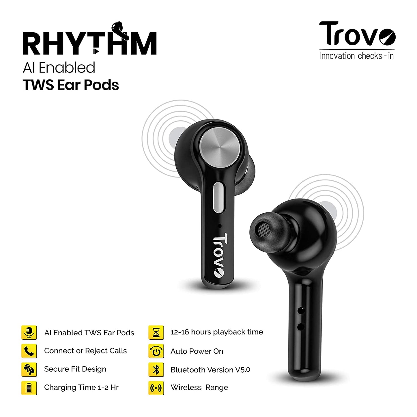 REP-35 Rhythm True Wireless Voice Assistant Bluetooth Headset with Mic & Charging Box (Black)
