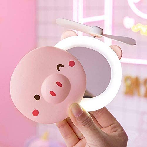 EYUVAA Cute Mini Portable Handheld Fan with LED Fill Light Makeup Mirror,USB Rechargeable Battery Operated Electric Personal Fan for Office, Home, Traveling, Outdoor