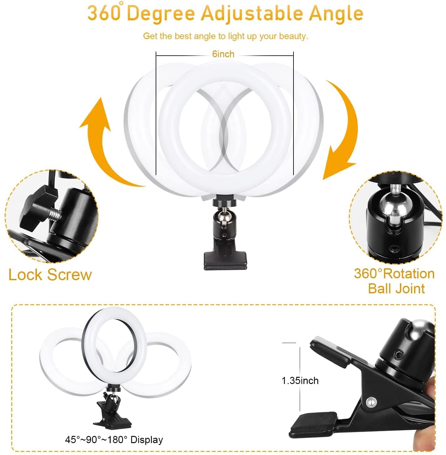 EYUVAA 6" LED Ring Light for Laptop & Table with Clamp Clip Mount & 3 Colour Mode Video Conference Lighting Kit
