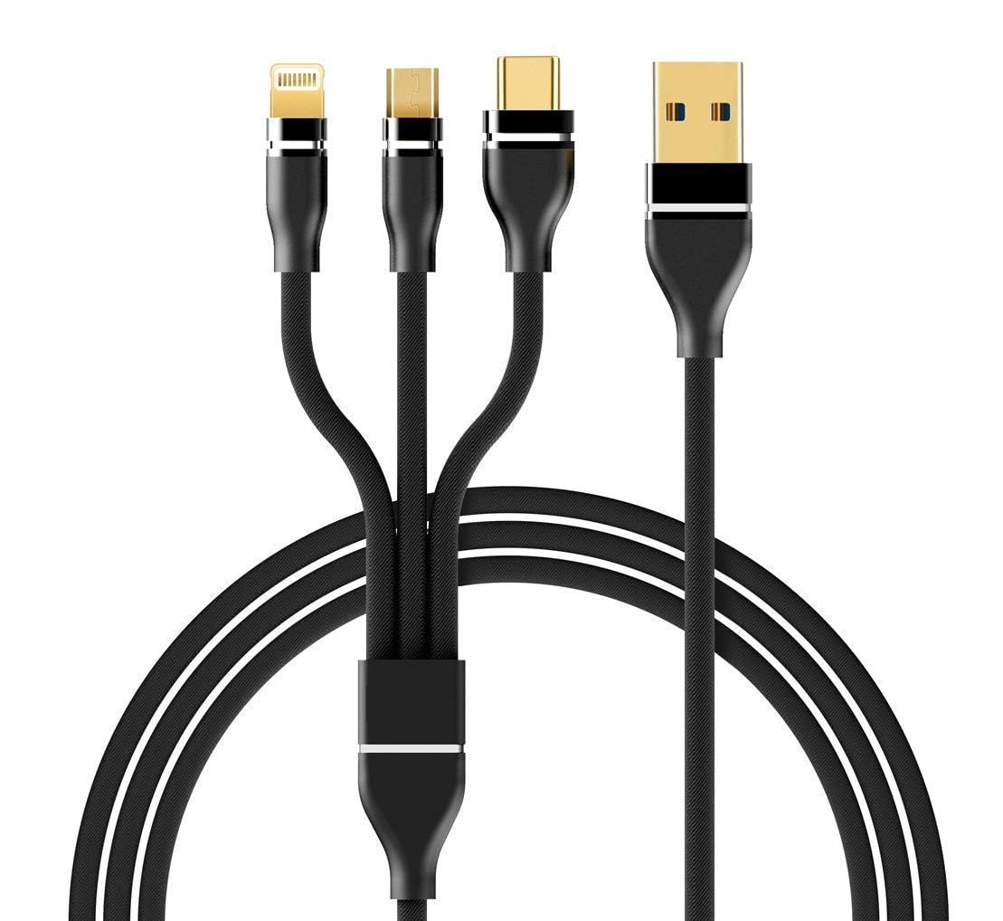 Eyuvaa 3 in 1 Nylon Braided 3.0 Amp Fast Charging Cable 1.2 Meter Long Heavy Cord (Black)