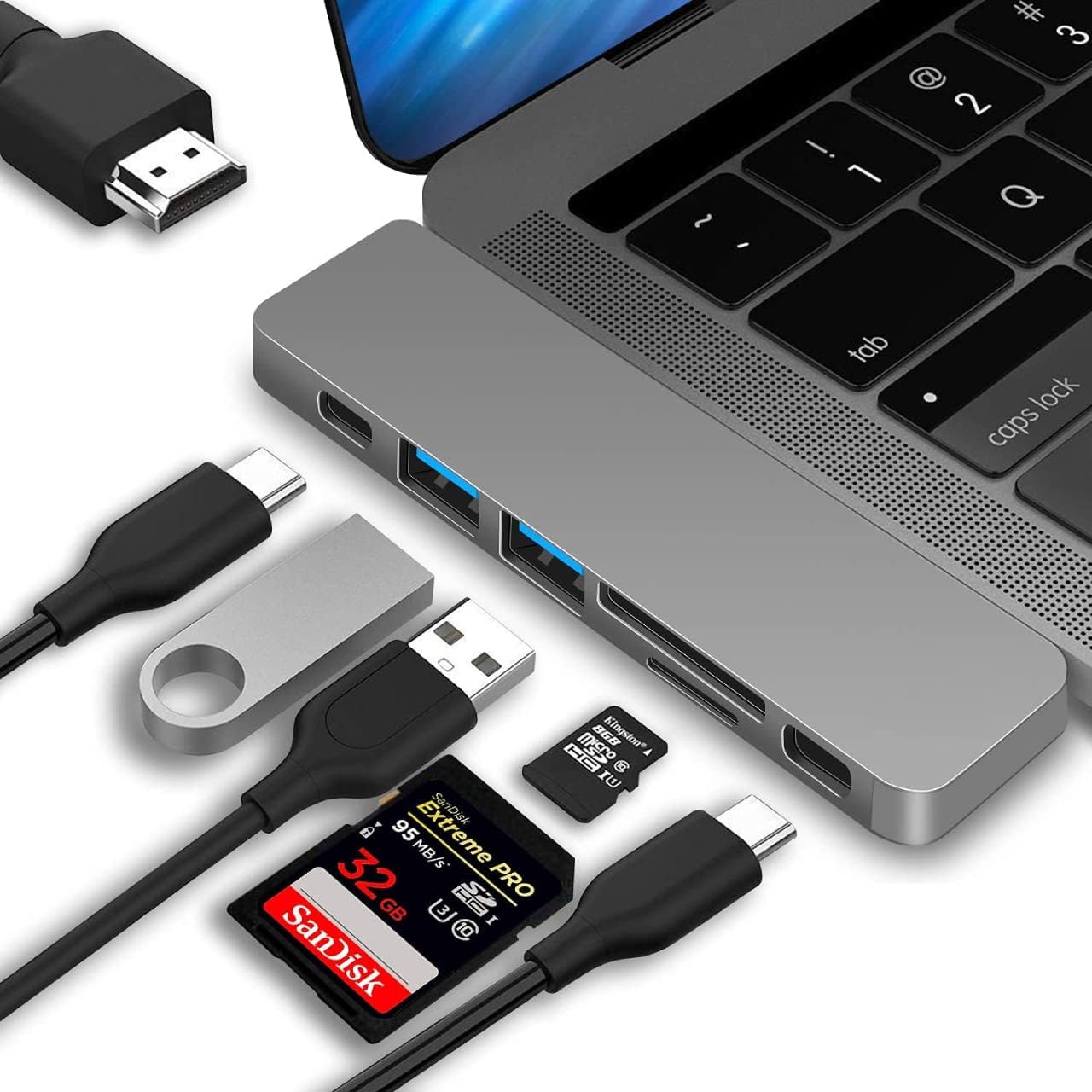 USB-C Multimedia Hub with Tethered USB-C Cable for Macbooks (Silver)